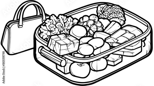 Monochromatic vector illustration of a healthy packed bento box lunch with fresh vegetables, fruit, and protein next to a lunch bag