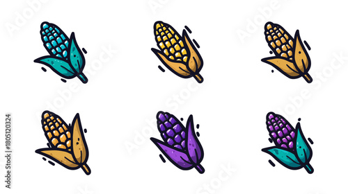 Collection of six vibrant and stylized corn cobs in various colors, hand-drawn vector illustration, farm fresh vegetable icons