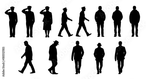 Black silhouettes of men in various poses, including walking, standing, and saluting, against a white background.