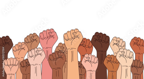 Diverse hands raised in fists, symbolizing unity, solidarity, and the fight for equality and justice.