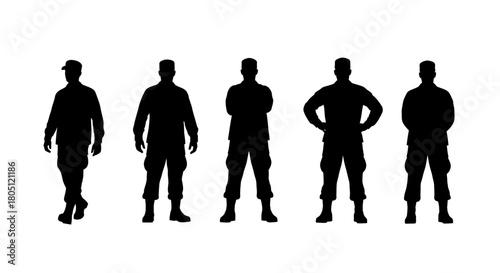 Silhouettes of five soldiers standing in different poses.