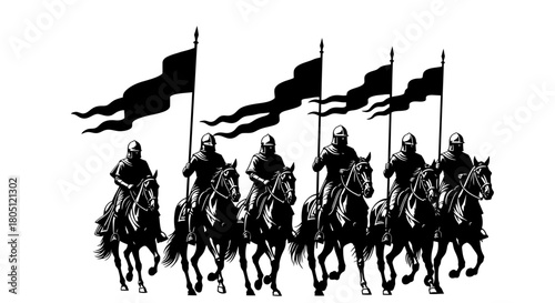 Silhouette of a cavalry unit riding horses, carrying flags, in a historical or fantasy setting.