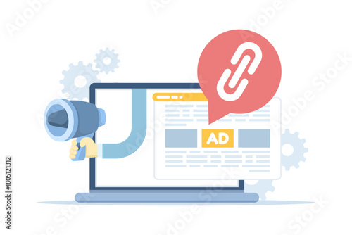 Flat vector illustration of guest post backlink strategy, showing SEO outreach on a laptop screen with megaphone and chain icons, symbolizing quality link building and higher domain ranking.