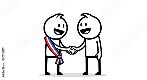 Two smiling stick figures, one wearing a French flag sash, shaking hands in a friendly gesture, representing agreement or partnership.