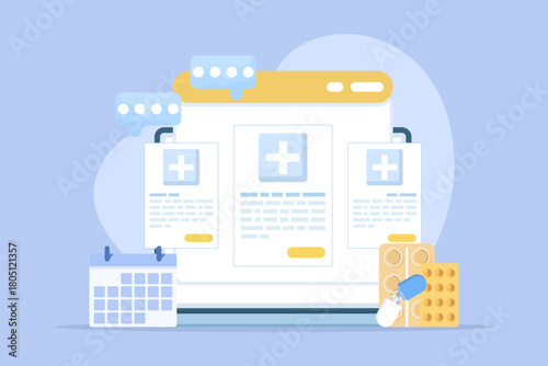 Flat vector illustration of online health announcement. Laptop screen displaying medical results, calendar, and medication symbolizing healthcare updates, digital diagnostics, and patient information.
