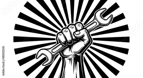 Black and white illustration of a clenched fist holding a wrench against a radial burst background.