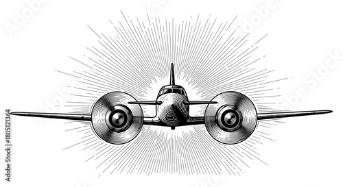 Vintage black and white engraving style illustration of a twin-engine propeller airplane, front view with radiating lines.