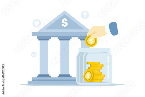 Flat vector illustration of saving money for the future. A business hand places a coin into a piggy bank, symbolizing financial planning, investment, budgeting, and long-term wealth management.