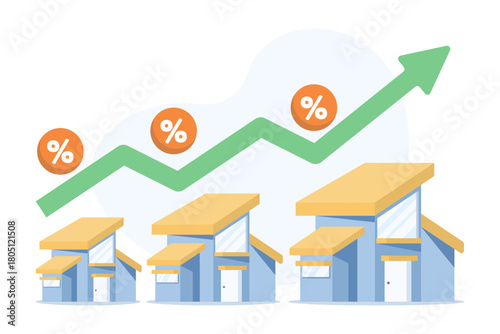 Real estate property growth concept with an upward arrow, illustrating increasing housing sale prices and market value appreciation. flat vector illustration on background.