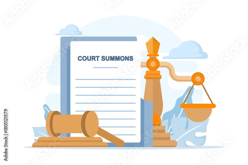 Illustration of Court Summons and Legal Summons. A courthouse icon with official documents and judge gavel, representing legal notice, court order, litigation process, and formal legal procedures.