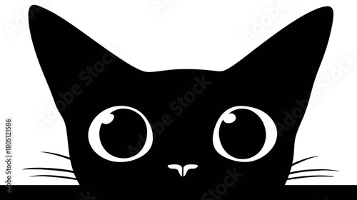 Minimalist black cat peeking, cute curious feline illustration with wide expressive eyes on white background