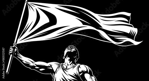 A strong person raises a white flag high, symbolizing surrender or truce.