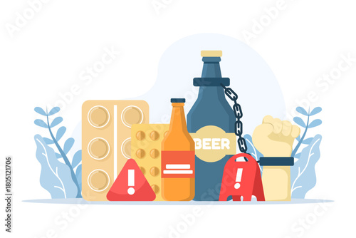 Addiction recovery and rehabilitation concept showing a depressed person chained to an alcohol bottle, symbolizing alcoholism, life-threatening dependence, and therapy.