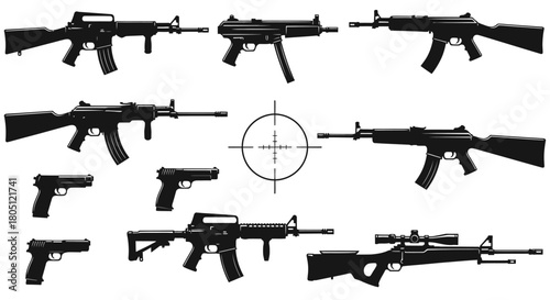 A collection of various modern firearms, including rifles, pistols, and submachine guns, with a central target scope.