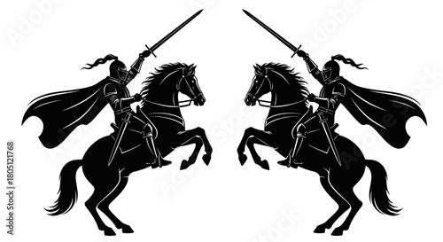 Two symmetrical black silhouettes of medieval knights in full armor with swords on rearing horses.