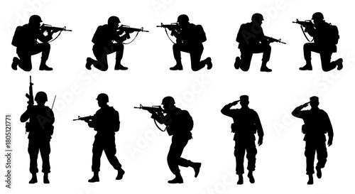 Silhouettes of ten soldiers in various combat and saluting poses, isolated on a white background, representing military personnel and action.