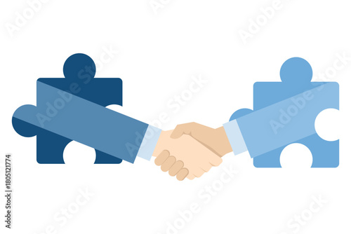 Flat vector illustration of businessmen shaking hands on puzzle pieces. Symbolizes business agreements, partnership coordination, relationship building, successful deals, contracts, and negotiations.