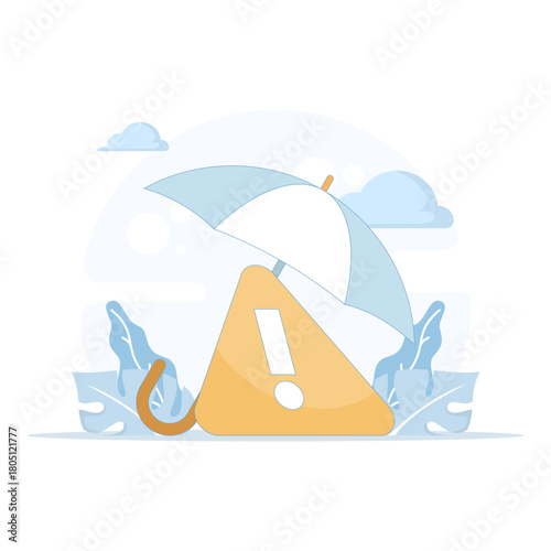 Exclamation warning sign under umbrella representing risk protection, incident control, problem solving, and minimizing critical failures in business or technology.