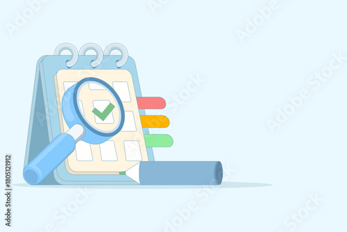 Magnifying glass highlighting a red-marked date on a cute calendar, symbolizing reminders, important events, holidays, and priority scheduling. Flat vector design for banners and posters.