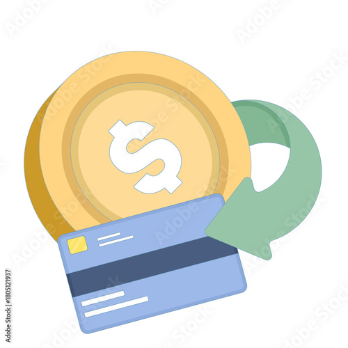 Cashback concept showing coins and an arrow returning to a payment card, symbolizing refunded money, rewards, and financial incentives. flat design illustration on background.