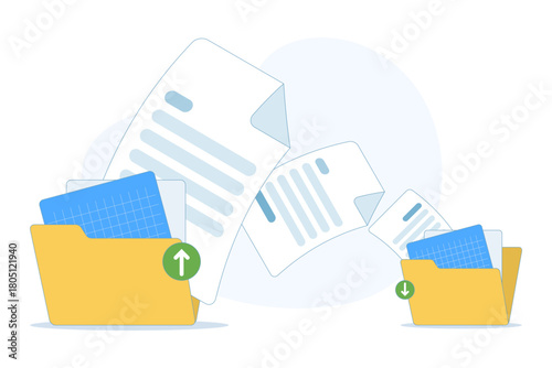 File transfer and data backup concept, showing document storage, cloud technology, upload and download processes in a clean flat vector illustration.