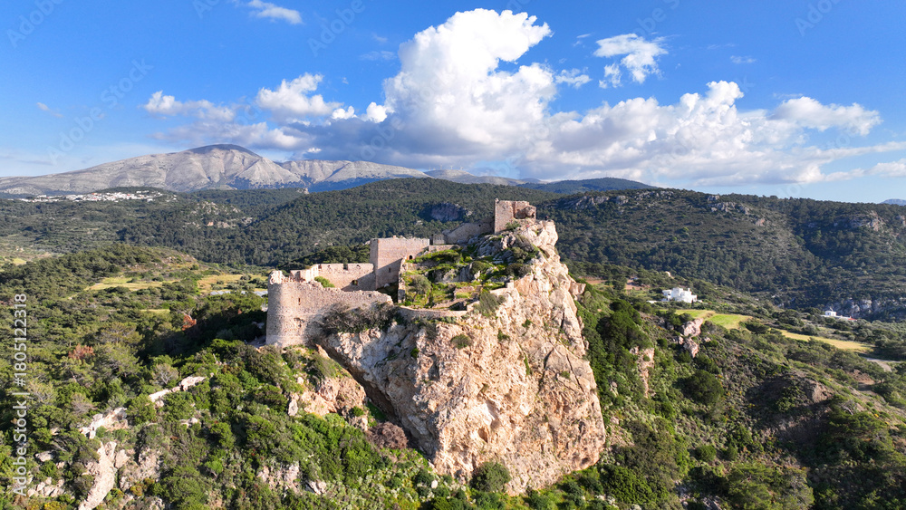 Obraz premium Aerial drone photo of iconic castle of Kritinia built on a hilltop by Knights of Saint John, with magnificent views to Aegean Sea, Rhodes island, Dodecanese, Greece