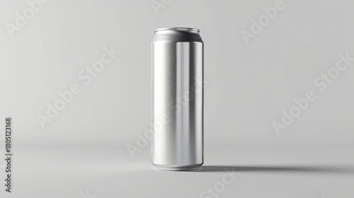 Silver aluminum beverage can mockup isolated on a gray background. Blank tall slim drink container for product branding and design. Minimalist packaging template with copy space