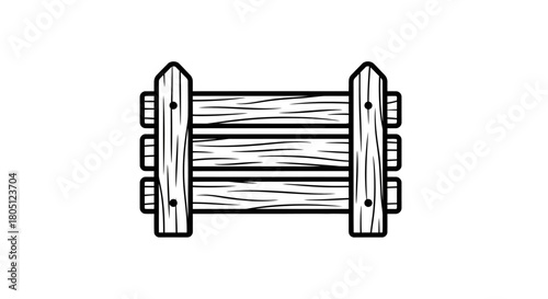 A black and white line art illustration of a rustic wooden fence section with three horizontal planks.