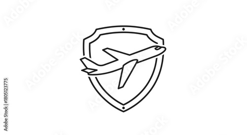 A simple outline of an airplane flying inside a shield, representing travel security.