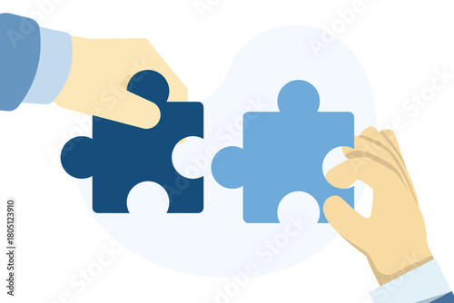 Hands putting puzzle pieces together, partnership and teamwork concept, business solutions, collaboration, strategy brainstorming, unity symbol, modern vector illustration.