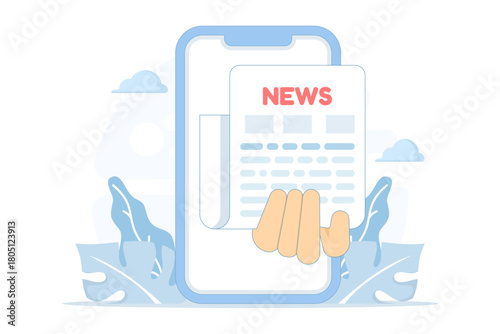 Online news from social media and the web, illustrating fake news, spam, and digital information flow, with conceptual elements for mobile news platforms and media business.