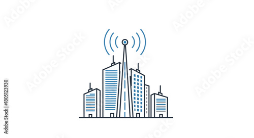 Minimalist line art icon of a modern city with a central telecommunications tower broadcasting signals.