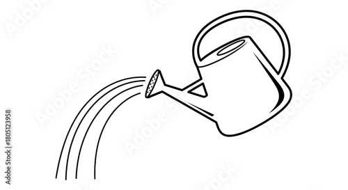 A black and white line drawing of a watering can pouring water.