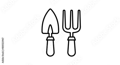 A simple black and white line drawing of a garden trowel and a garden fork, representing gardening tools.