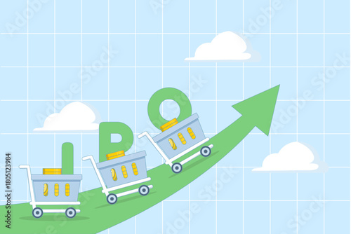 Initial Public Offering IPO illustration. Coin cart with IPO letters moving upwards on green stock chart. Business investment, market growth, new public company.