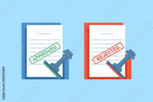 Clipboard with documents showing green approved and red rejected stamps, application status concept, online form submission, review process, decision approval and denial.