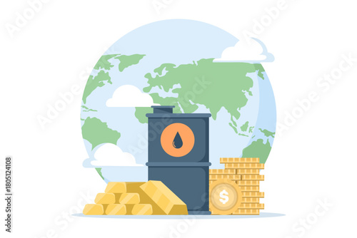 Gold bullion stack with oil barrel, trading and investment illustration, fuel and commodity market, wealth management, financial planning, perspective and vision concept.