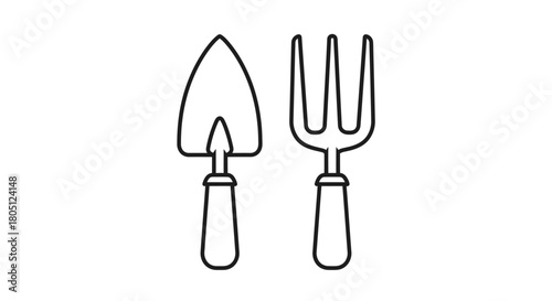 Simple line art illustration of a hand trowel and a hand fork, essential gardening tools for planting and cultivating.