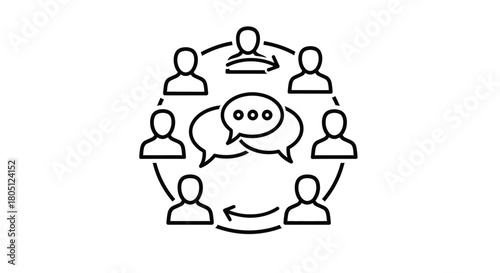Illustration depicting a group of people in a circle, communicating and exchanging ideas with each other.