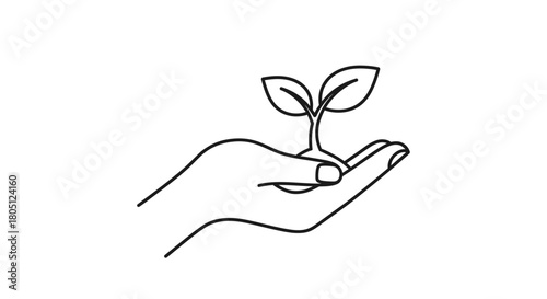 Line art illustration of a hand holding a small plant seedling with two leaves.