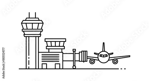 Line art illustration of an airplane at an airport terminal gate with a control tower.