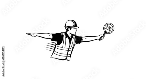 A construction worker in a hard hat and safety vest is directing traffic with a stop sign.