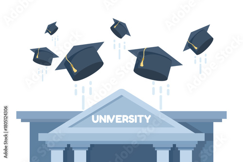 Graduation cap flying in the air, academic celebration for college and university, higher education achievement, commencement ceremony illustration, academic success concept.