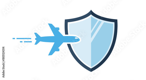 Airplane flying past a shield, symbolizing travel insurance and protection.