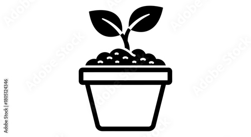 A simple black and white icon depicting a small plant with two leaves growing in a flower pot.