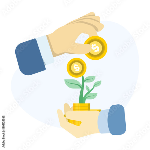 Financial freedom investing illustration. Hand putting money coins on plant seedlings. Mutual funds, growth stocks, savings, long-term profits and wealth accumulation.