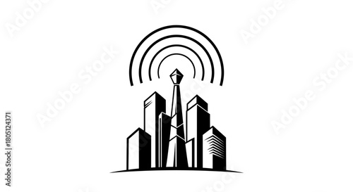 Black and white illustration of a city skyline with a radio tower.
