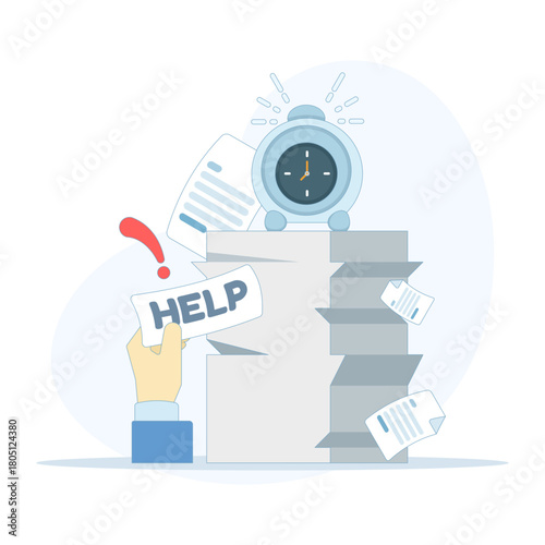 A stressed businessman raises a paper labeled 'Help' as towering stacks of documents surround him, symbolizing overwhelming tasks, heavy workload pressure, and burnout. Vector illustration.