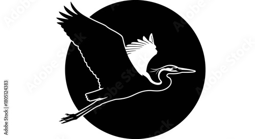 A black and white graphic silhouette of a heron in flight against a black circle.