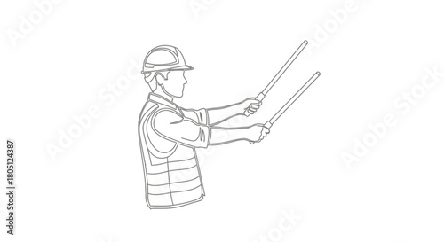 A person in a hard hat and safety vest is holding two batons, signaling with them.